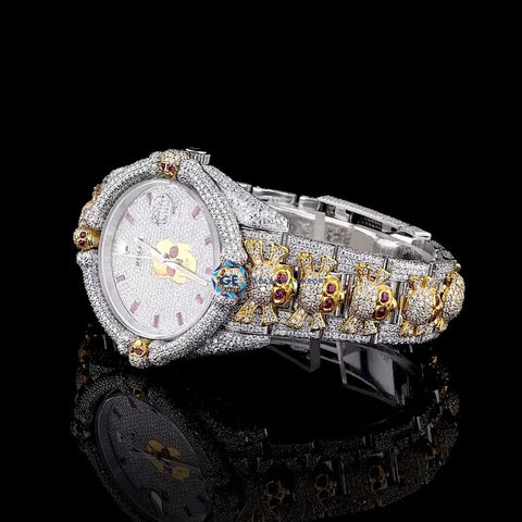 Dual Tone Bust Down Moissanite Luxury Skull Hip Hop Watch