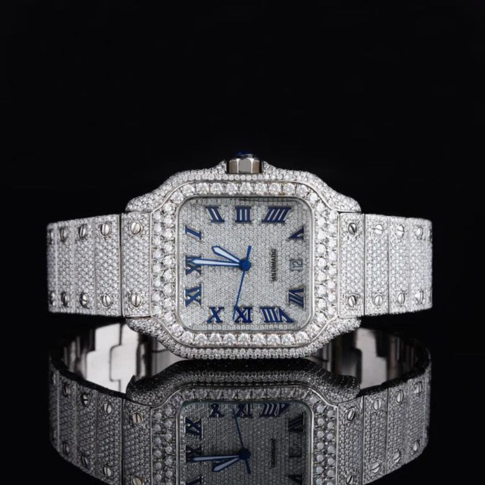 Blue Roman Number Iced Out Moissanite Watch