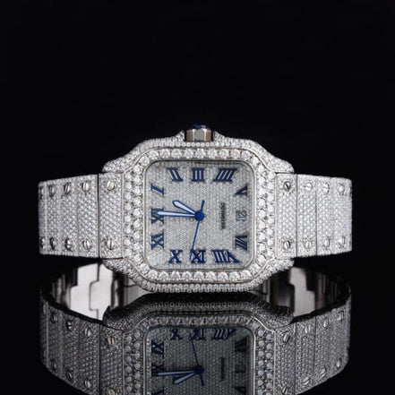 Blue Roman Number Iced Out Moissanite Watch