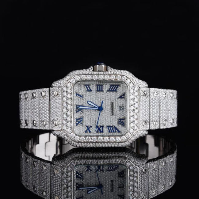 Blue Roman Number Iced Out Moissanite Watch
