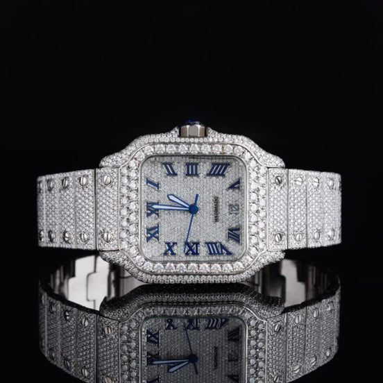 Blue Roman Number Iced Out Moissanite Watch