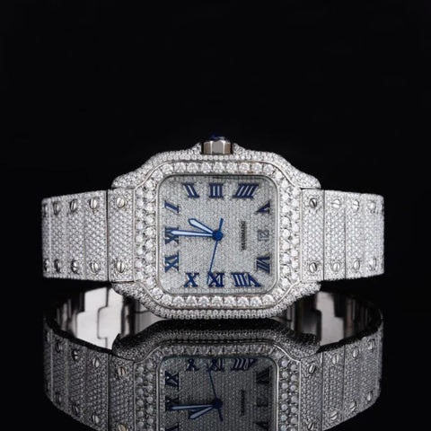 Blue Roman Number Iced Out Moissanite Watch
