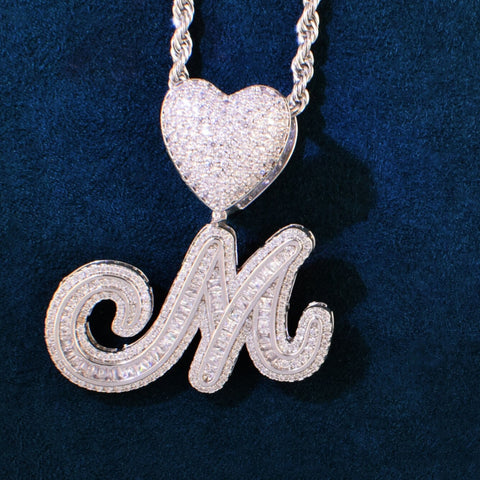 Baguette Cut Moissanite Heart Bail Initial Letter Pendant