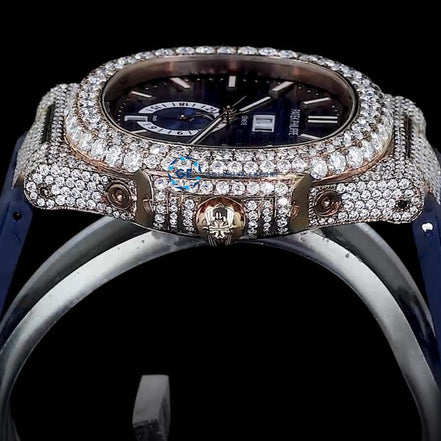 Fabulous Iced Out Blue Rubber Belt Automatic Moissanite Wrist Watch