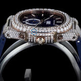 Fabulous Iced Out Blue Rubber Belt Automatic Moissanite Wrist Watch