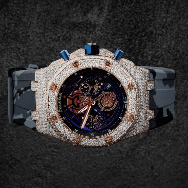 Rubber Strap Iced Out Moissanite Diamond Wrist Watch