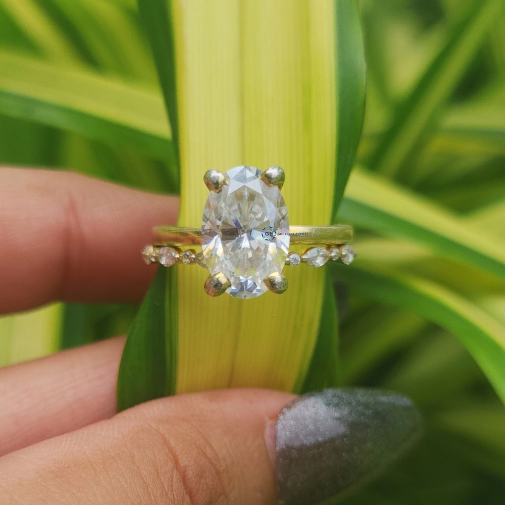 Oval Cut Hidden halo Lab Grown Diamond Wedding Ring Set With Matching Band