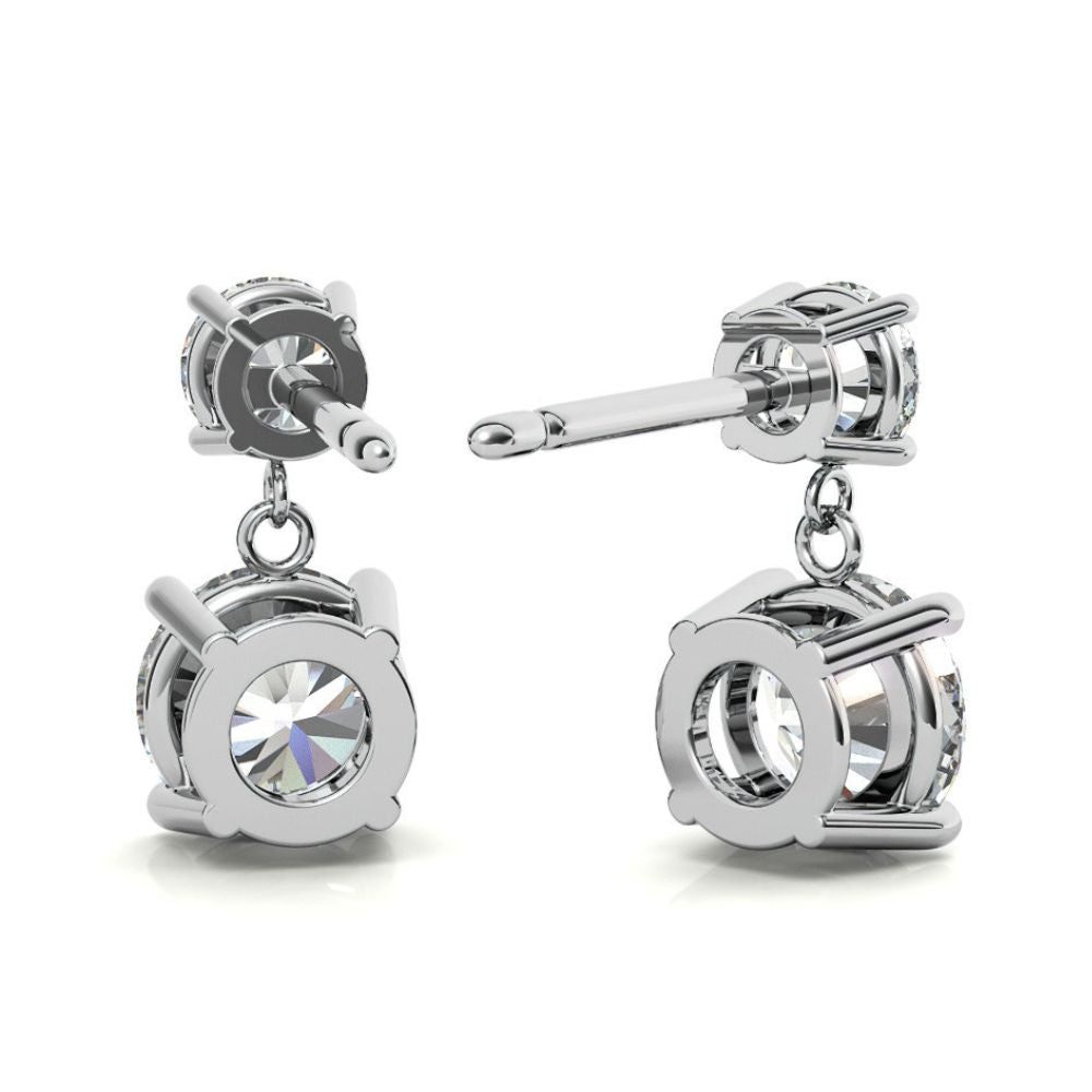 Double Round Moissanite Drop Stud Earrings in White Gold