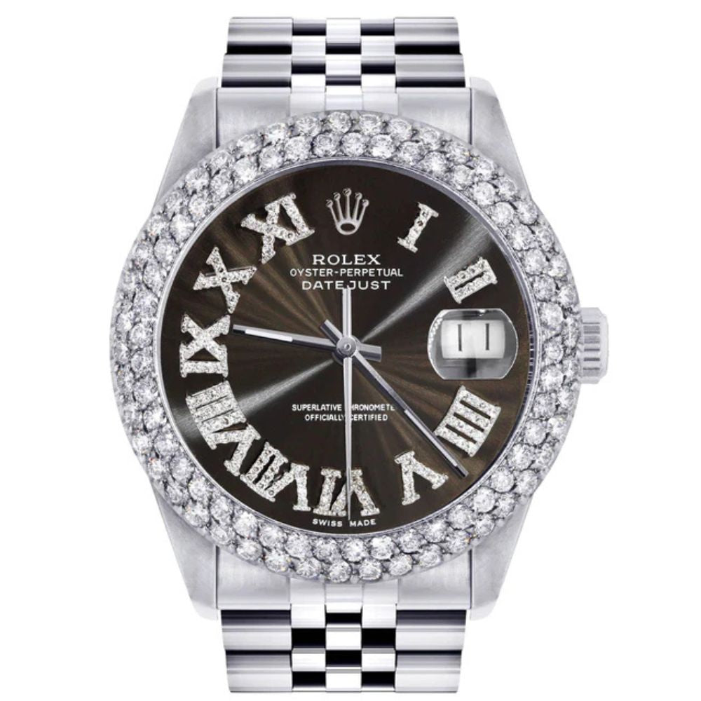Custom Dark Brown Roman Numeral Dial Moissanite Wrist Watch