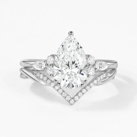 Seven Stone Pear Cut Moissnaite Diamond Ring Set For Bride