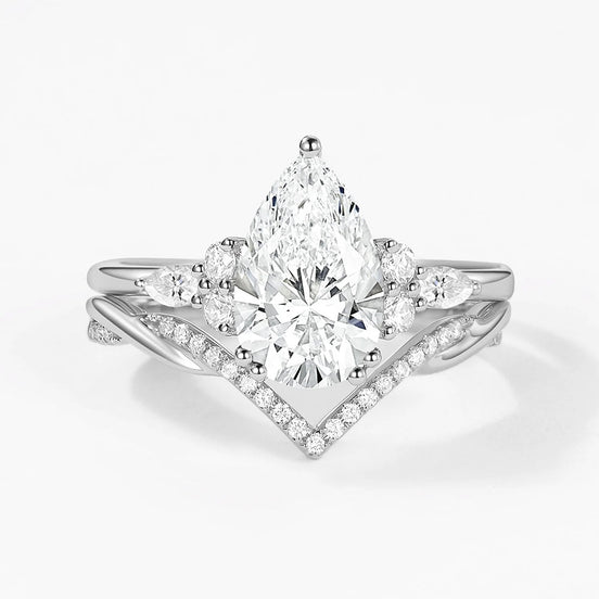 Seven Stone Pear Cut Moissnaite Diamond Ring Set For Bride