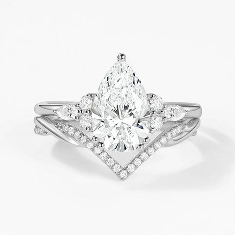 Seven Stone Pear Cut Moissnaite Diamond Ring Set For Bride