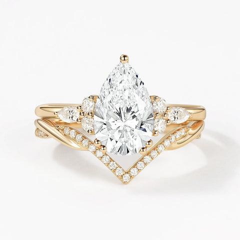 Seven Stone Pear Cut Moissnaite Diamond Ring Set For Bride
