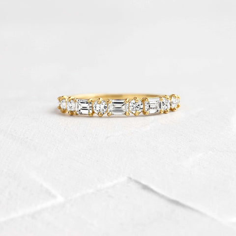 Emerald & Round Moissanite D Color Half Eternity Wedding Band
