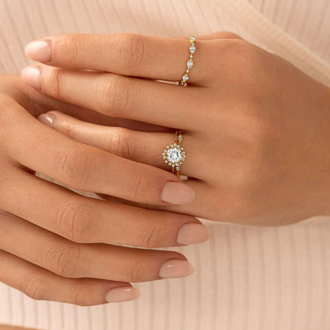 Moissanite Floral Halo Round Cut Engagement Ring