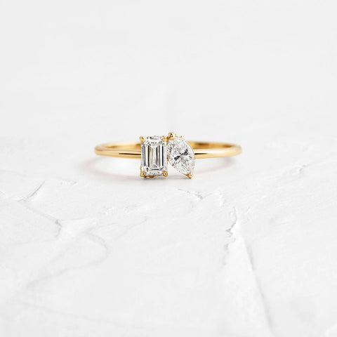 Two Stone Moissanite Emerald And Marquise Cut Wedding Ring
