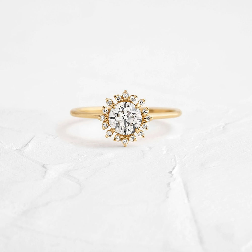 Moissanite Floral Halo Round Cut Engagement Ring
