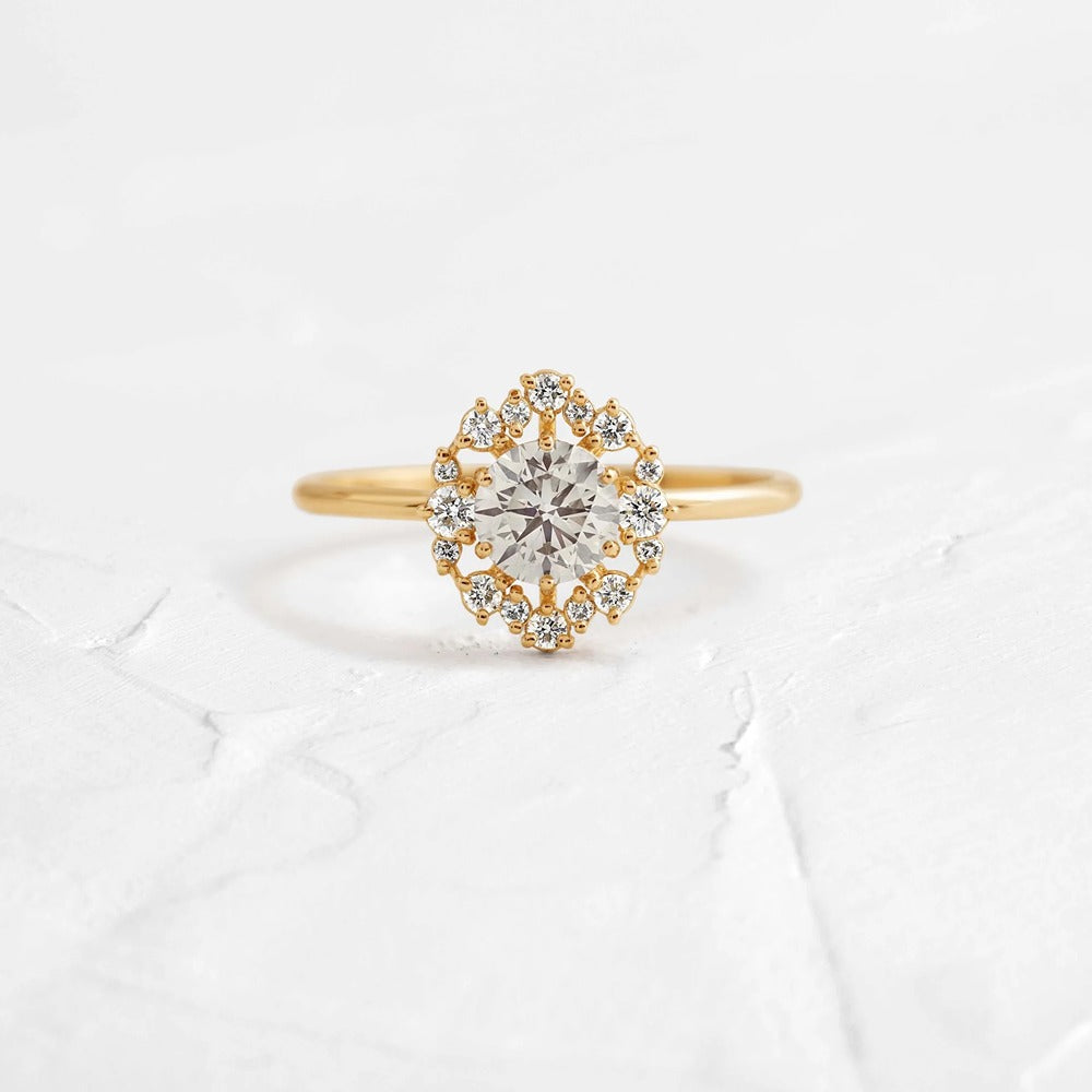 D Color Round Cut Moissanite Floral Halo Engagement Ring