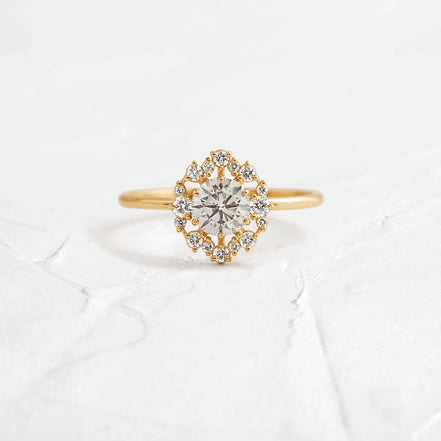 D Color Round Cut Moissanite Floral Halo Engagement Ring