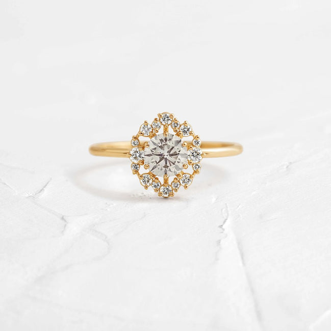 D Color Round Cut Moissanite Floral Halo Engagement Ring