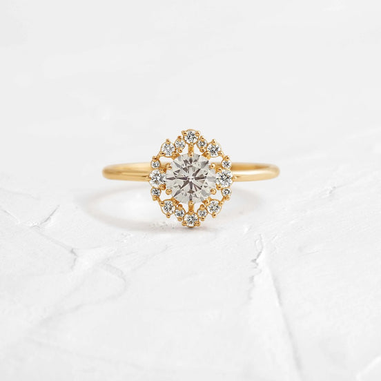 D Color Round Cut Moissanite Floral Halo Engagement Ring