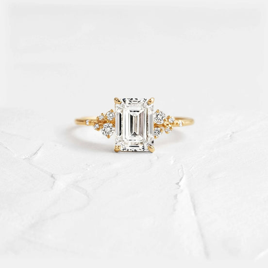 Emerald Cut Cluster Colorless Moissanite Wedding Ring