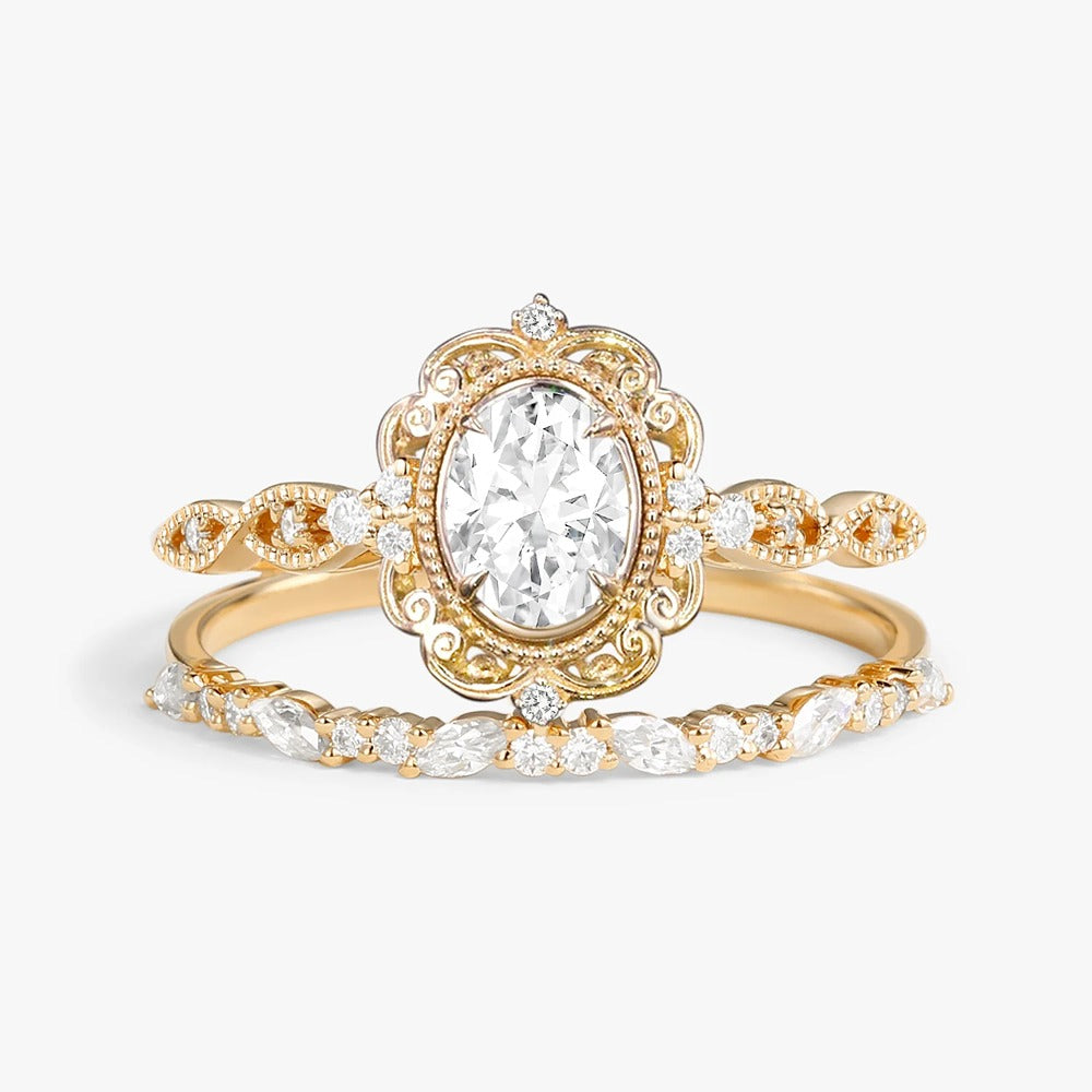 D Color Moissnaite Oval Cut Art Deco Bridal Ring Set For Women