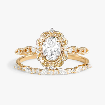 D Color Moissnaite Oval Cut Art Deco Bridal Ring Set For Women