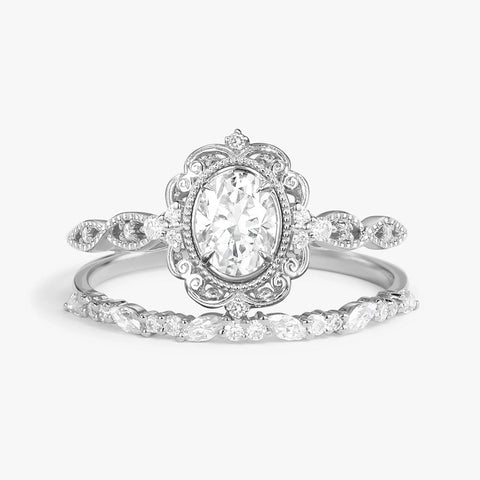 D Color Moissnaite Oval Cut Art Deco Bridal Ring Set For Women
