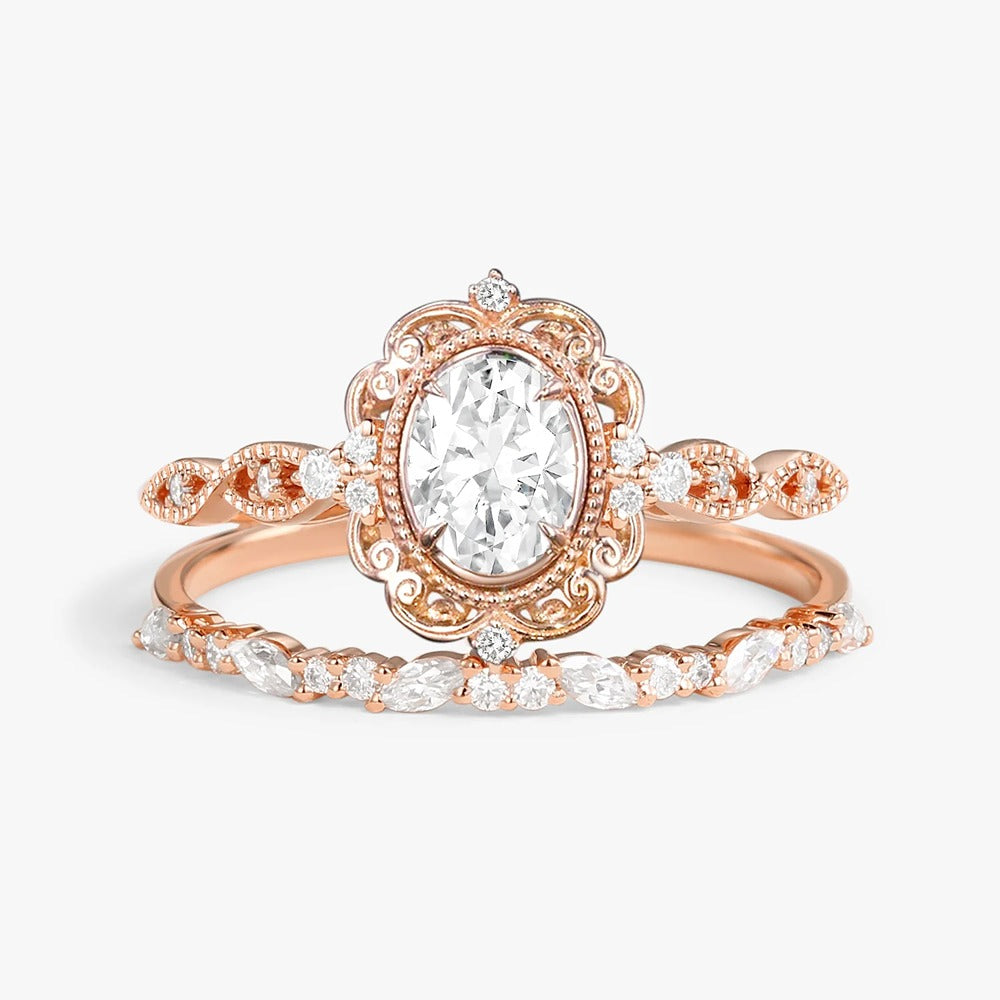 D Color Moissnaite Oval Cut Art Deco Bridal Ring Set For Women
