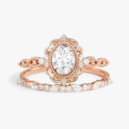 D Color Moissnaite Oval Cut Art Deco Bridal Ring Set For Women