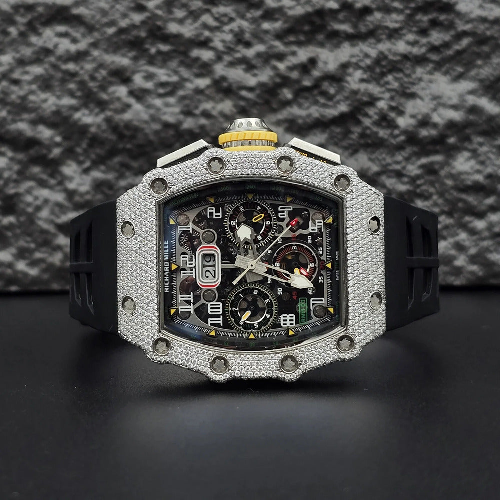 Black Rubber Belt Automatic Movement Moissanite Watch