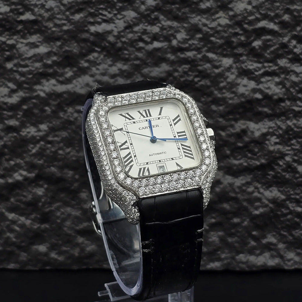 Awesome White Dial Black Leather Belt Moissanite Watch