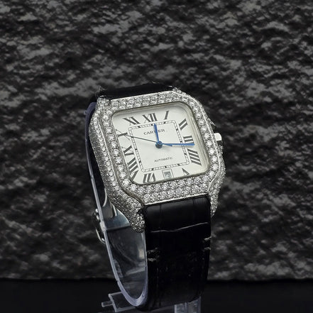 Awesome White Dial Black Leather Belt Moissanite Watch