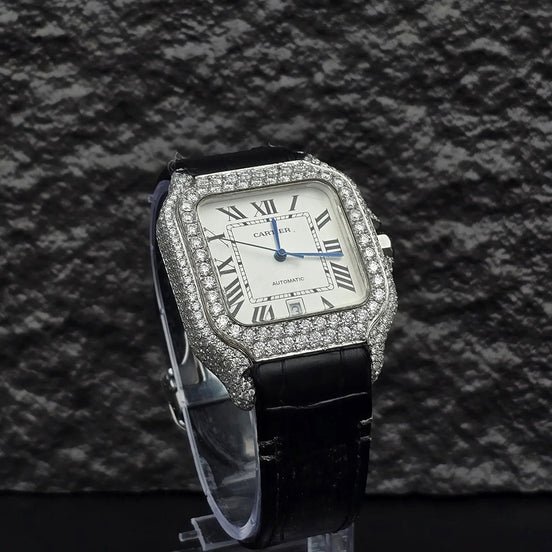 Awesome White Dial Black Leather Belt Moissanite Watch