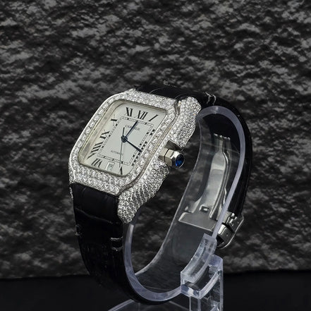 Awesome White Dial Black Leather Belt Moissanite Watch