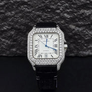 Awesome White Dial Black Leather Belt Moissanite Watch