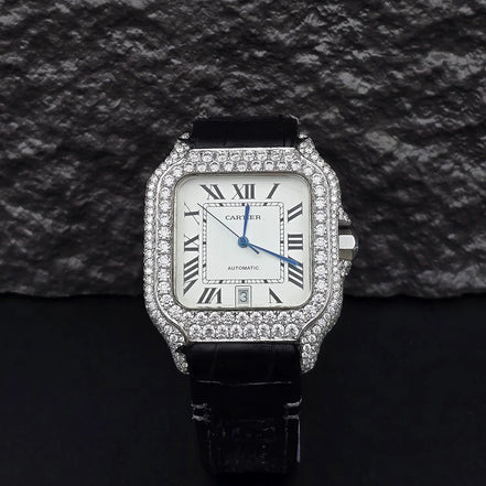 Awesome White Dial Black Leather Belt Moissanite Watch