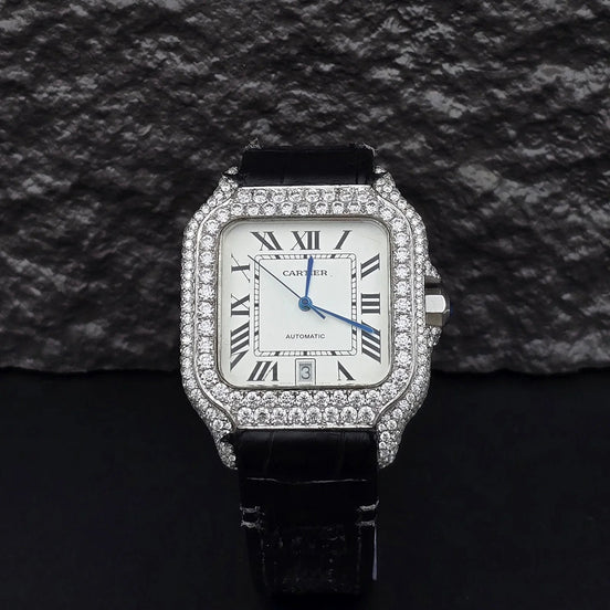 Awesome White Dial Black Leather Belt Moissanite Watch