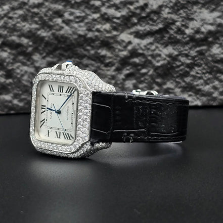 Awesome White Dial Black Leather Belt Moissanite Watch