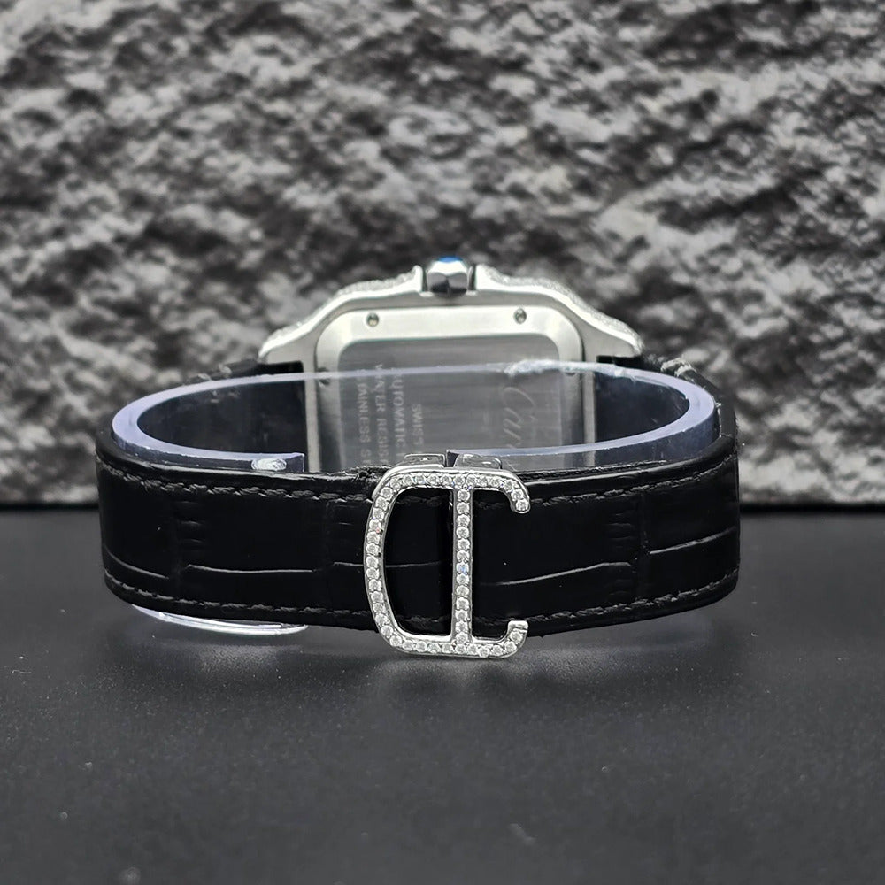 Awesome White Dial Black Leather Belt Moissanite Watch