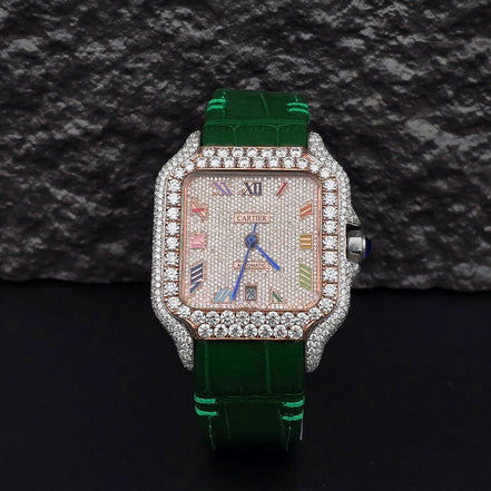 Green Leather Belt Moissanite Luxury Watch