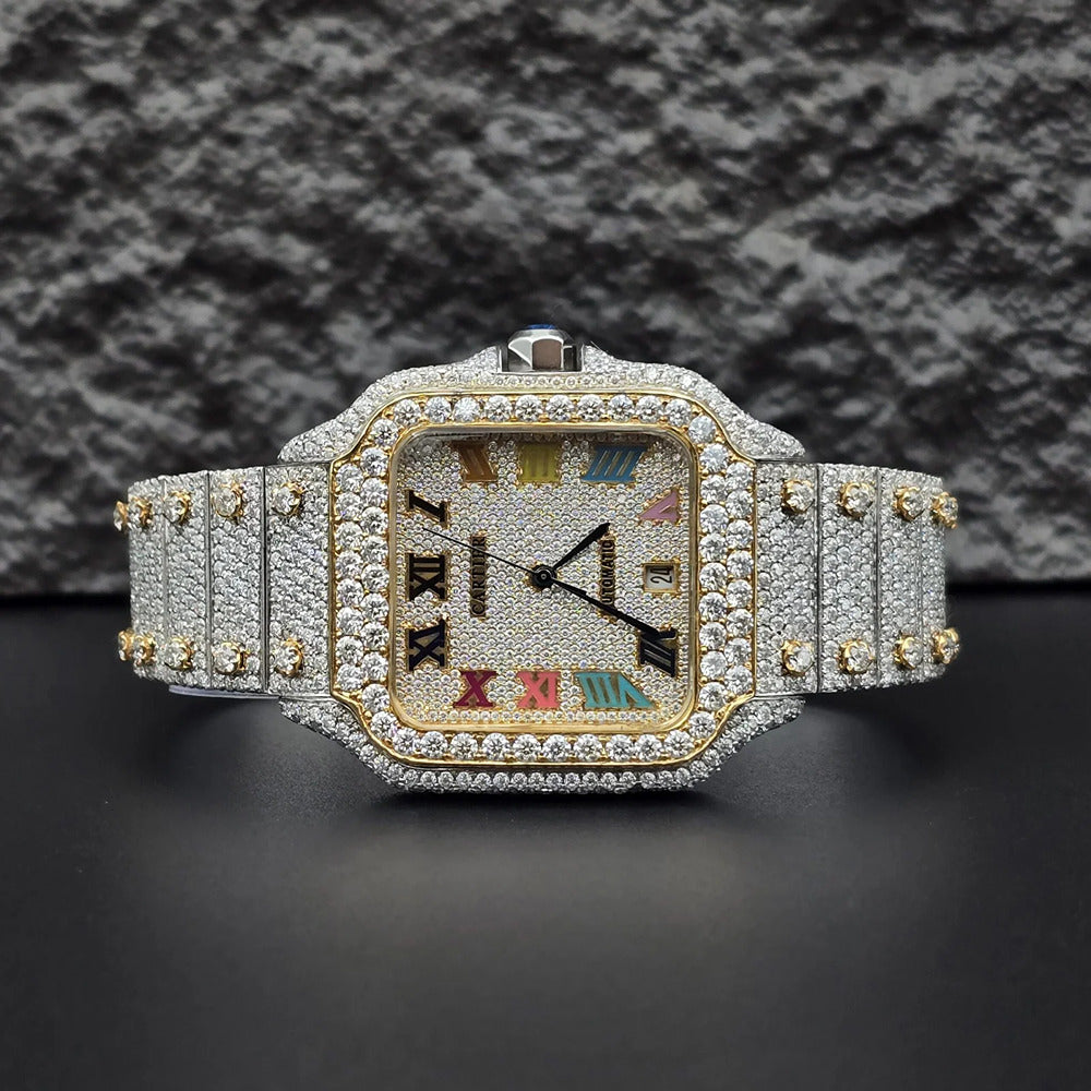 Rainbow Roman Numeral Moissanite Fancy Watch For Men's