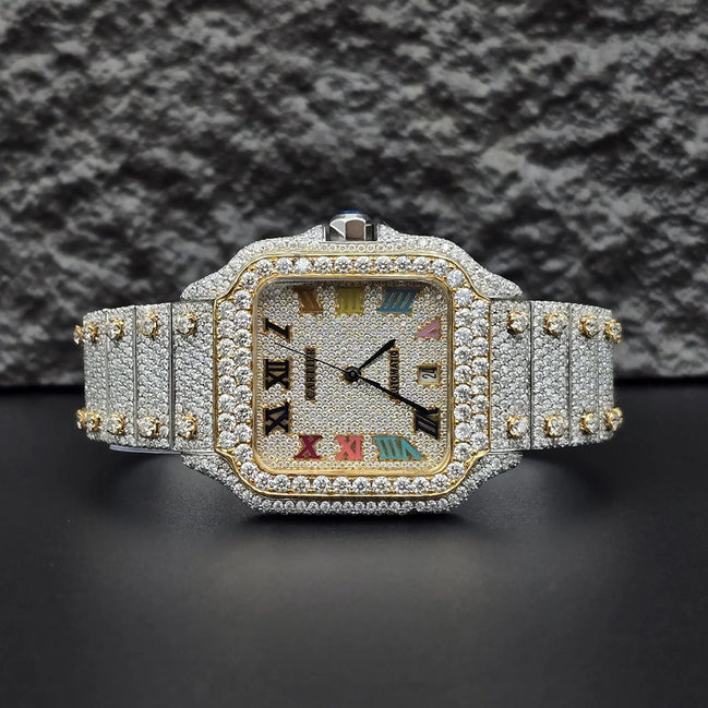 Rainbow Roman Numeral Moissanite Fancy Watch For Men's