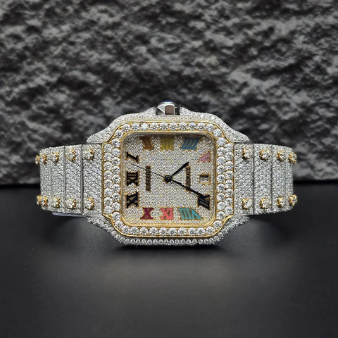 Rainbow Roman Numeral Moissanite Fancy Watch For Men's