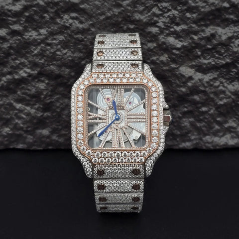 Dual Tone Skeleton Fancy Hip Hop Moissanite Watch