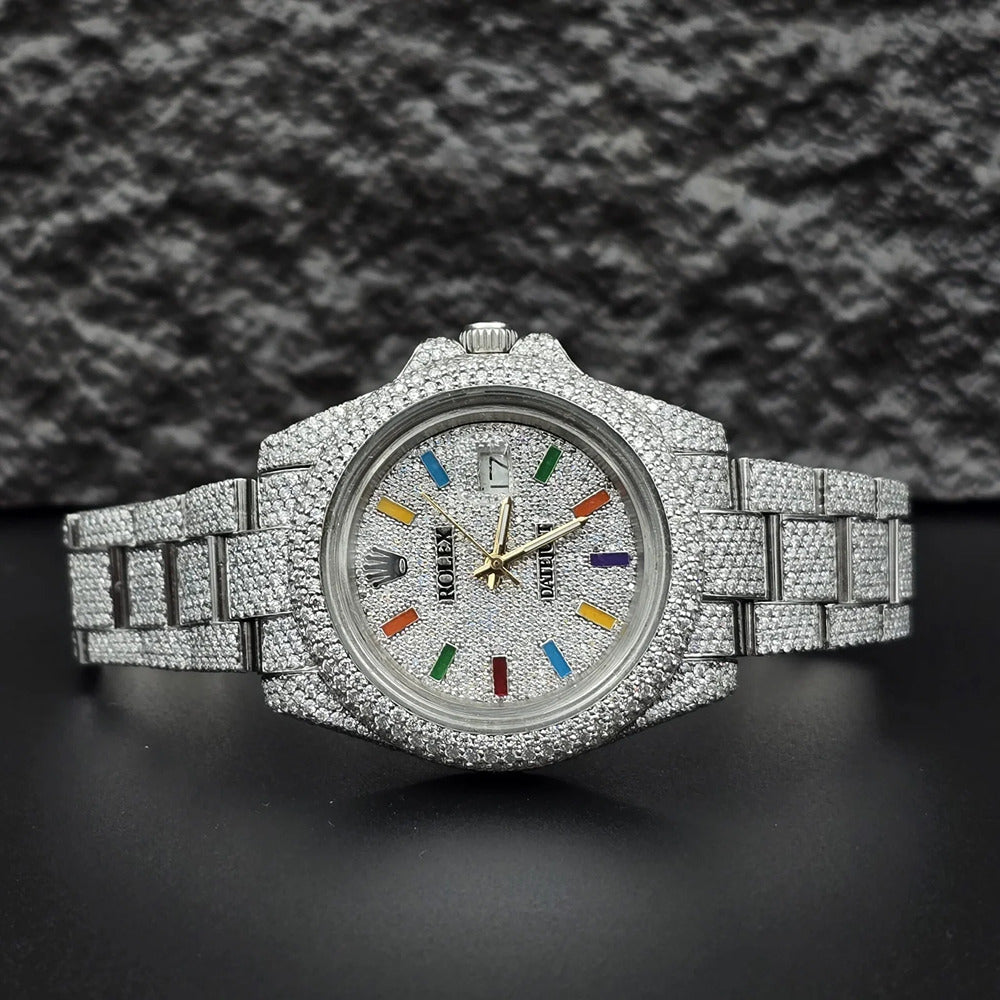 Iced Out Moissanite Rainbow Stick Rapper Style Watch