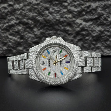 Iced Out Moissanite Rainbow Stick Rapper Style Watch