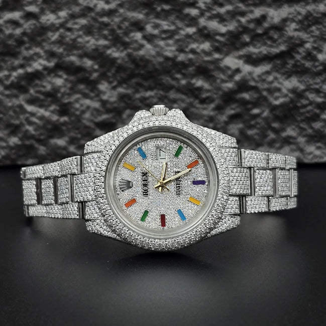 Iced Out Moissanite Rainbow Stick Rapper Style Watch