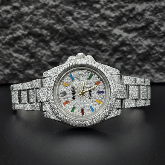 Iced Out Moissanite Rainbow Stick Rapper Style Watch